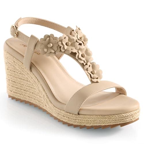 Ankis Wedge Sandals for Women, Nude Espadrille Womens Wedge Sandals Comfortable Open Toe T Strap High Heel Wedges for Women Dressy Summer -3.4Inch - Image 1