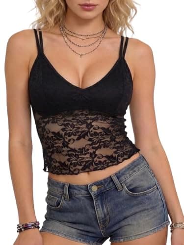 ZhouBoat Women's Lace Floral Mesh Tops Sexy Summer Y2k Style Sheer Spaghetti Strap See Through Slim Fit Camisole Concert Going Out Tops(XXL) Black