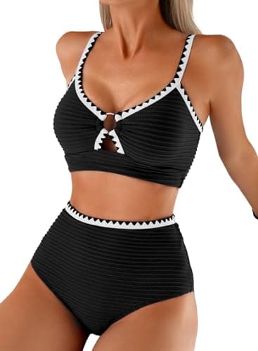 Herseas Womens Textured Black Bikini Sets Push Up 2026 Summer V Neck Popular Swimsuits O Ring Whip Stitch High Waisted Bathing Suits Flattering Modest Cruise Outfits XX-Large
