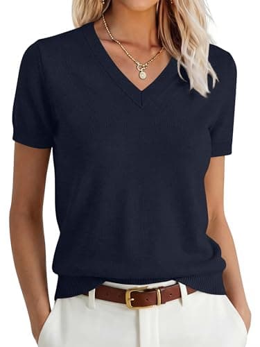 ANRABESS Womenâs 100% Wool SweaterďźOffice Work V Neck Short Sleeve Sweaters ďźSoft & Lightweightďź Business Casual Tops Navy Blue Large - Image 1