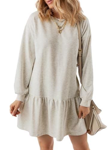 BLENCOT Women's Oversized Sweatshirt Dress Fall Trendy Crewneck Long Sleeve Rib Ruffle Hem Pleated Athletic Pullover Casual Solid Modern Style Short Cozy Mini Shift Dresses Workout White Medium - Image 1