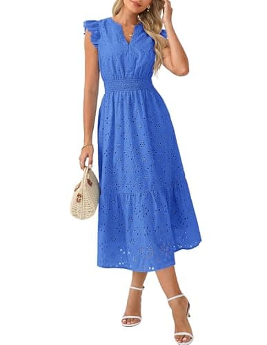 GRACE KARIN Womens Summer Boho Maxi Dress Casual 2026 Spring V Neck Eyelet Dresses Flowy Vacation Beach Sundress with Pockets Blue L - Image 1