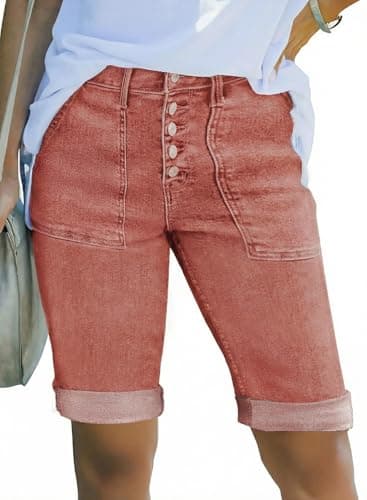 Sidefeel Womens Jean Shorts Casual Summer High Waisted Stretchy Trendy Button Fly Folded Hem Bermuda Denim Shorts Mineral Red Size 6 - Image 1