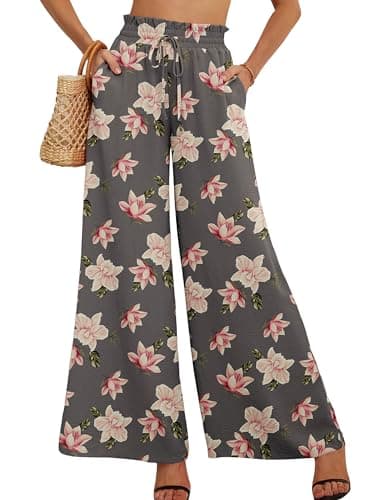 AusLook Women's Wide Leg Dress Pants with Pockets Rosybrown Hibiscus XX-Large Lightweight Elastic High Waisted Adjustable Tie Knot Flowy Loose Slacks Lounge Casual Ladies Beach Pleated Trousers - Image 1