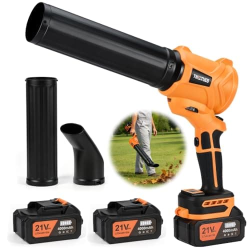 TNELTUEB Leaf Blower Cordless, 21V Battery Powered 980000 RPM 180° Rotating Handheld Electric Leaf Blower with 6 Speed Control, 2 x4Ah Batteries & Charger Dust Leaves Blower for Lawn Care, Yard,Orange - Image 1
