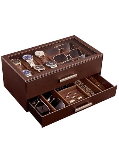 ProCase Mens Jewelry Box Pull-Out Drawer, 6 Slot Watch Case & 5 Slot Sunglasses Organizer, Fathers Day Gift for Dad, 2-Tier Leather Watch Box with Glass Display Top, Gift for Men & Women-Espresso - Image 1