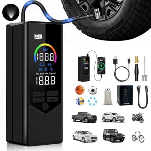 Tire Inflator Portable Air Compressor, 7500mAh Cordless Air Pump for Car Tires, Bike Pump with Color Screen Digital Pressure Gauge, 4X Faster 150PSI Tire Pump for Cars, Motorcycles, Bicycles, Balls