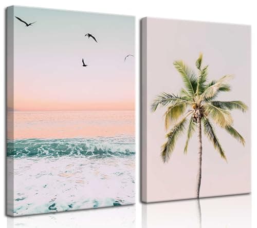 2Pcs Framed Pastel Beach Wall Art Tropical Palm Tree Canvas Posters Prints Coastal Ocean Wall Decor Pictures Summer Beach Theme Bedroom Living Room Decoration, 12x16 Inch - Image 1