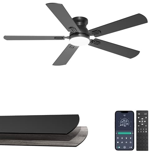 Phylluz 52'' Flush Mount Ceiling Fan with Lights, Space-Saving Low Profile for Low Ceilings, App/Remote Control, Safe Quiet DC Motor for Bedroom Living Room, Dimmable, Black - Image 1