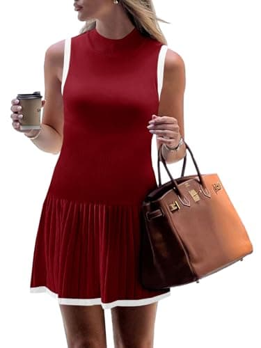 Wenrine Womens Sleeveless Summer Mini Dress Mock Neck Ribbed Knit Ruffle Pleated Casual Tank Dress Burgundy - Image 1