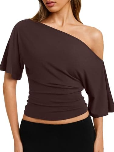 REORIA Womens Off The Shoulder Tops Y2k 2026 Summer Cinched Waist T-Shirts - Image 1