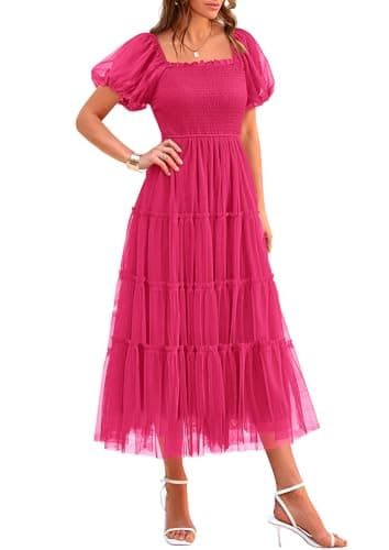 PRETTYGARDEN Women's Smocked Midi Tulle Dress 2026 Summer Puffy Short Sleeve Square Neck Ruffle Wedding Guest Party Dresses (Rose Red,Small) - Image 1