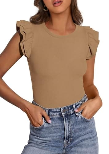 PRETTYGARDEN Womens Summer Crew Neck T Shirts 2026 Trendy Ruffle Sleeve Slim Fit Knit Going Out Tops Casual Spring Clothes (Khaki,X-Large) - Image 1
