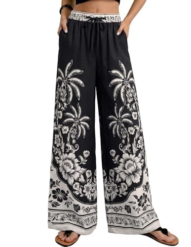 GRACE KARIN Womens Casual Wide Leg Pants, 2026 Summer Palazzo Boho Vacation Pants, High Waist Drawstring Trousers with Pockets Black XL - Image 1
