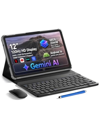 HNVHNV 12 inch Android 16 Tablet with Keyboard, 48GB+256GB+2TB Expand, 120Hz 2K IPS Display, Gemini AI, 10000mAh, Octa-Core, WiFi 6, 13MP Camera, Large Tablet PC with Case, Mouse, Stylus (Black)