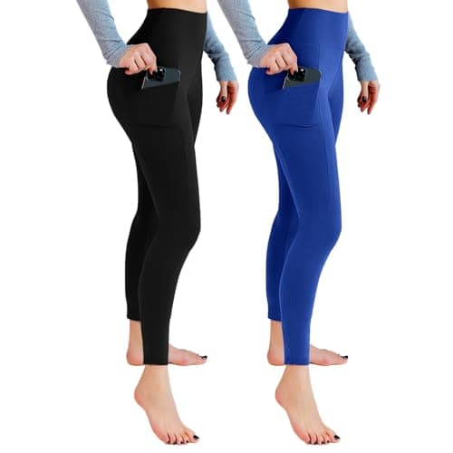 Leafigure 2 Packs Leggings with Pockets for Women, High Waisted Tummy Control Workout Leggings for Gym Black/Royal Blue XXL - Image 1