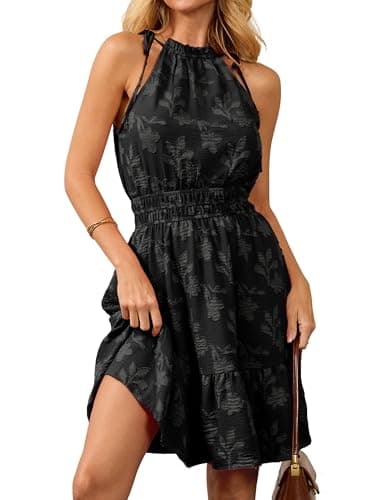 BerryGo Womens Summer Halter Short Dress Casual Sleeveless Empire Waist Floral Flowy A Line Mini Beach Vacation Sundresses Black XL - Image 1