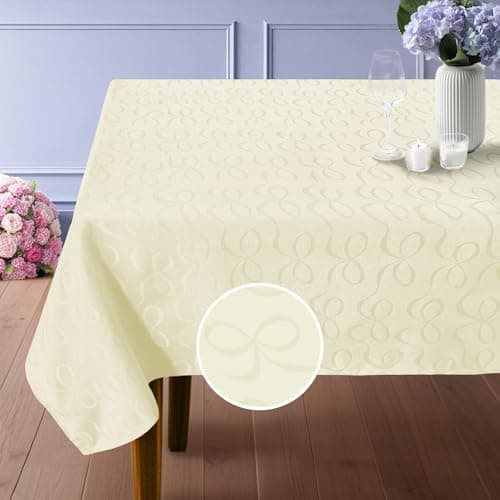 Cream Tablecloth (Seats 8-10), Jacquard Tablecloths for Rectangle Tables 60"x102" (5-7ft) - Cotton & Polyester Blended, Washable & Reusable, 1PC Cream Table Cover for Dinner & Banquet, Bows - Image 1