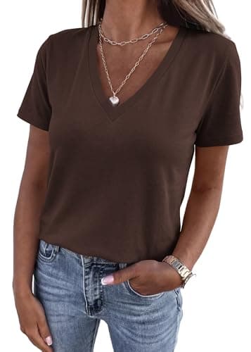 KIRUNDO V Neck T Shirts for Women Summer Tops Oversized Spring Short Sleeve Casual Basic Tees Tunic Blouse Fashion Clothing(Brown, Medium) - Image 1