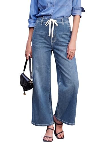 HDLTE Wide Leg Jeans Woman High Waisted Trendy Pull On Elastic Waist Drawstring Stretchy Denim Jean Pants with Pockets,Deep Blue,M - Image 1
