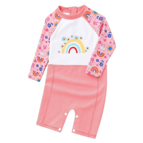 Gogokids Baby Girls Zip & Snap Swimsuit Toddler Rash Guard UPF 50+ Sun Protection Bathing Suit, Back Zip Long Sleeve Sunsuit with Snaps,Pink Rainbow, Size 3-4T - Image 1