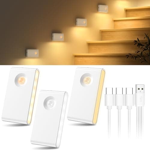 YiaMia Stair Lights Motion Sensor Indoor, 3-Pack Rechargeable Night Lights with Adjustable Brightness, Wireless Under Cabinet Lighting for Stairs, Bathroom, Bedroom - Image 1