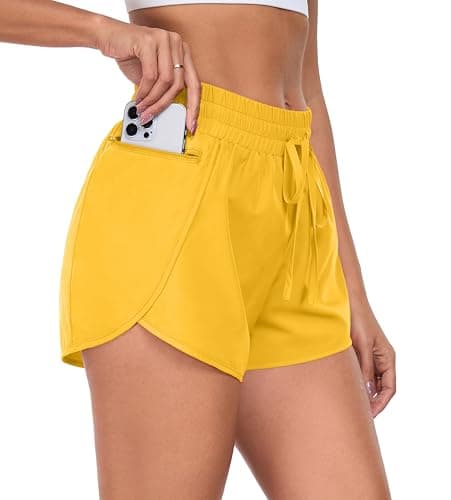 PrinStory Womens Athletic Shorts High Waisted Running Quick Dry Gym Workout Shorts with Zipper Pockets Golden Yellow-L-FBA - Image 1