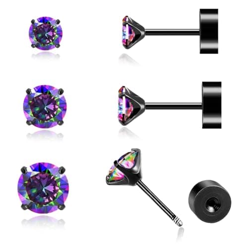 Handmade Tiny Flat Back Stud Earrings: 3 Pairs Black Screw Flatback 2 3 4mm Rainbow Cubic Zirconia Earrings Cartilage Piercing Jewelry for Women Helix Tragus Earlobe (3 Pairs-Black Rainbow CZ-2/3/4mm) - Image 1