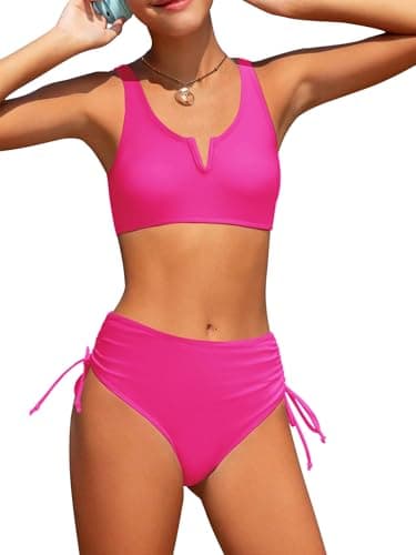 AMAWMW Teen Girls Bathing Suit Bikini Set V-Neck Cutout Swimsuit Two Piece Swimwear for Kids 7-16Y, Hot Pink, 9-10 Years - Image 1