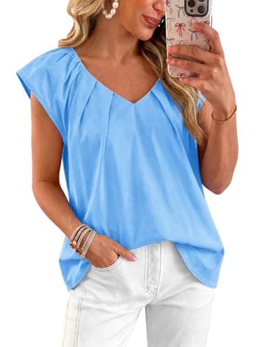 Tankaneo Womens Cap Ruffle Sleeve Tops Summer Dressy Casual V Neck Pleated Blouses Loose Fit Cotton Shirts Blue - Image 1