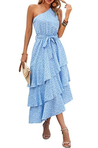 PRETTYGARDEN Women's Summer Floral Sundress Casual One Shoulder Tiered Ruffle Flowy Midi Beach Boho Dresses (Floral Light Blue,Small) - Image 1