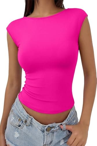 REORIA Womens Sexy Backless Going Out Tops Double Lined Boat Neck Cap Sleeve Shirts Slim Fitted Open Back Y2k Basic Tee, Rose Red X-Large - Image 1