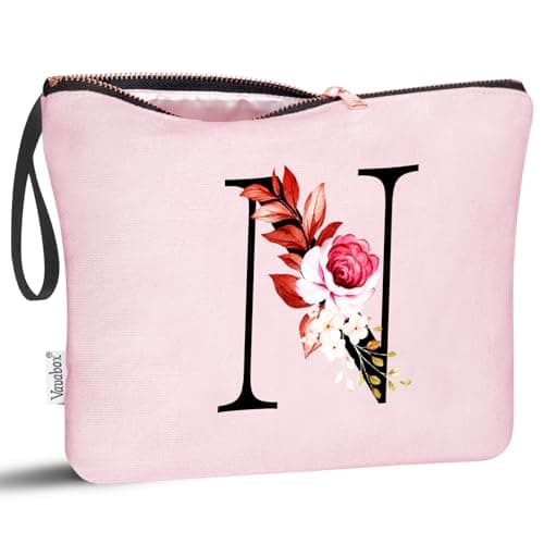 Vavabox A-Z Personalized Makeup Bag, Birthday Gifts for Women Mom, Gifts for Best Friend, Bride Bridesmaid Cosmetic bag (N, Pink) - Image 1