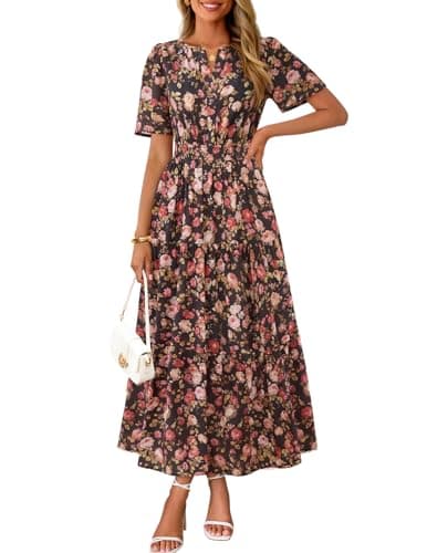 MEROKEETY Women's Spring Summer Floral Maxi Dresses 2026 Casual Beach Vacation Boho V Neck Short Sleeve Midi Dress Pockets, Coffee, Medium - Image 1