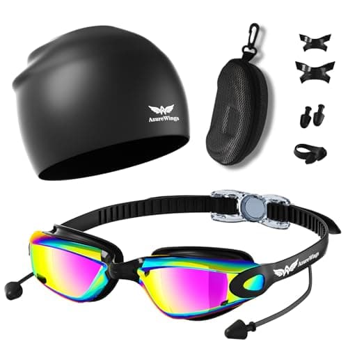AzureWings Swim Goggles + Swim Cap for Men Women,No Leak Anti-Fog & UV, Wide Visio HD Mirror PC Lens (Purple) - Image 1