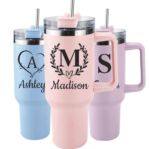 Elemtansy Personalized 40 Oz Tumbler with Handle and Straw, Custom Cup with Name & Birth Flower, Stainless Steel Travel Coffee Tumbler,Personalized Mothers Day Birthday Gifts for Women, Teen Girls - Image 1