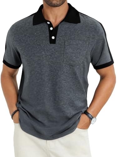 LuxMania Men's Casual Polo Shirts Short Sleeve Classic Button Shirt Fashion Cotton Golf Tops with Pocket Dark Gray 3XL - Image 1