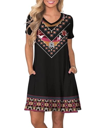 COSSEN Summer Dresses for Women Burgundy Boho Printed Small Casual T Shirt Dress V-Neck Short Sleeves Birthday Party Summer Travel Beach Sundress with Pocket - Image 1