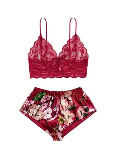 Rigeri Lingerie Set For Women Sexy Sheer Lace Bra And Panty Set Wine Red M