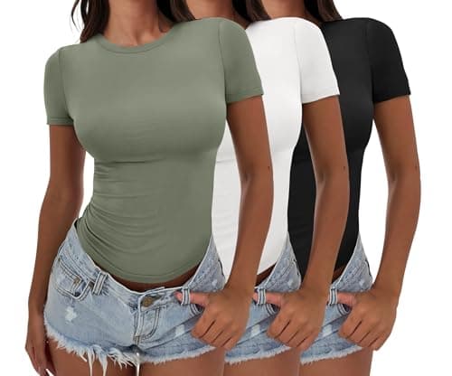 ANRABESS Women’s 3 Pack Short Sleeve Shirts 2026 Crop Tops Tight Fitted Basic Tees Workout T Shirts Y2k Clothes Summer Outfit Black White Army Green Large - Image 1