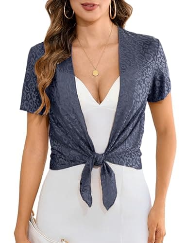 Totatuit Short Sleeve Sheer Shrug for Women Lightweight Tie Front Bolero Cropped Cardigans Leopard Navy Blue XX-Large