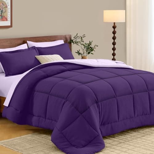 FUANNA Twin Size Comforter Sets 5 PCS, Reversible Bed in a Bag Twin with All Season Soft Comforter, Bedding Sets Includes Comforter, Flat Sheet, Fitted Sheet, Pillowcases & Shams, Deep Purple/Lavender - Image 1