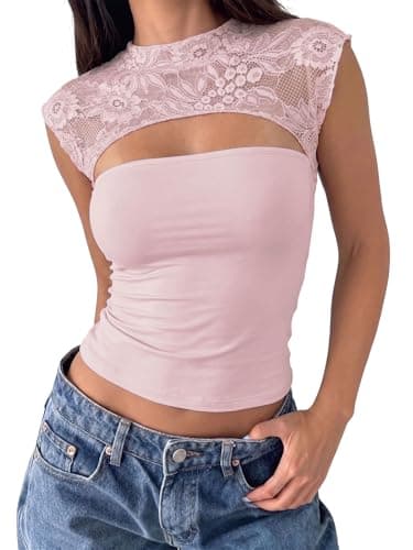 FIROVA Women's Lace Going Out Tops Sexy Cutout Double Lined Cropped Tank Tops Y2K Date Night Club Party Outfits Pink M - Image 1