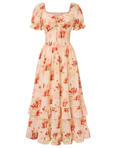 Scarlet Darkness Women Floral Cottagecore Dress Puff Sleeve Maxi Ruffled Corset Dress Coral Rose XXL - Image 1