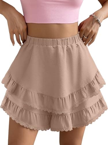 Caracilia Flowy Skorts for Women, Ruffle Tiered A-Line Mini Skirts Built-in Shorts, 2026 Summer Tennis & Golf Shorts Khaki Medium - Image 1