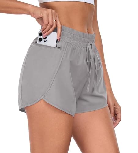 PrinStory Womens Athletic Shorts High Waisted Running Quick Dry Gym Workout Shorts with Zipper Pockets Light Gray-XS-FBA - Image 1