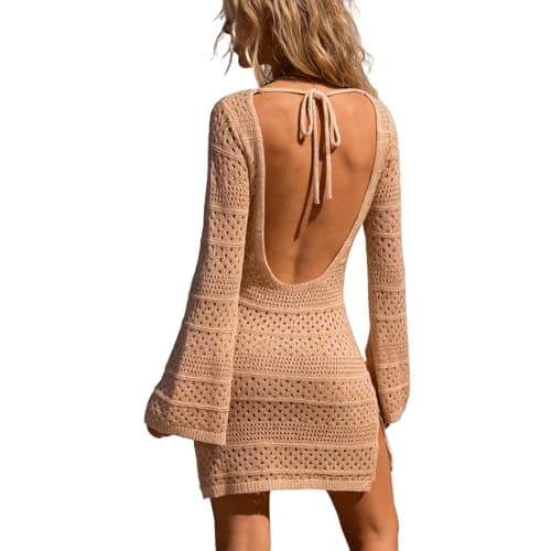 Truwelby Womens Swimsuit Cover Up Long Sleeve Crochet Beach Dress Hollow Backless Bathing Suit 2026 Summer Vacation Outfits (Khaki, XL) - Image 1