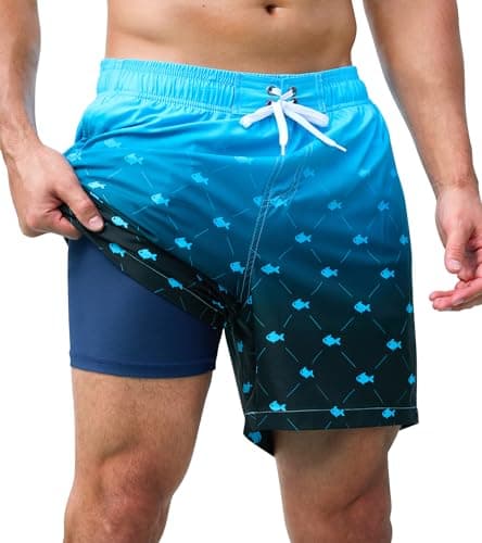 SILKWORLD Mens Swimming Trunks Quick Dry Breathable Swim Shorts Elastic Waist Bathing Suit, Blue Fishing Net, Small - Image 1