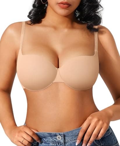 Popilush Push Up Bra Balconette Seamless Underwire Demi T-Shirt Square Neck Bra Lingerie Color Beige 38D - Image 1