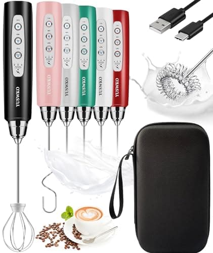 YUSWKO Rechargeable Milk Frother Handheld Frother Wand Drink Mixer for Coffee, Electric Whisk 3 Speed Adjustable, Coffee Foamer Maker with 3 Stainless Whisks Ideal Stirrers for Travel - Black - Image 1
